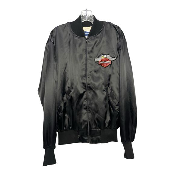 Holloway Vintage Harley Davidson Patch Black Satin Jacket Mens Large Full Zip